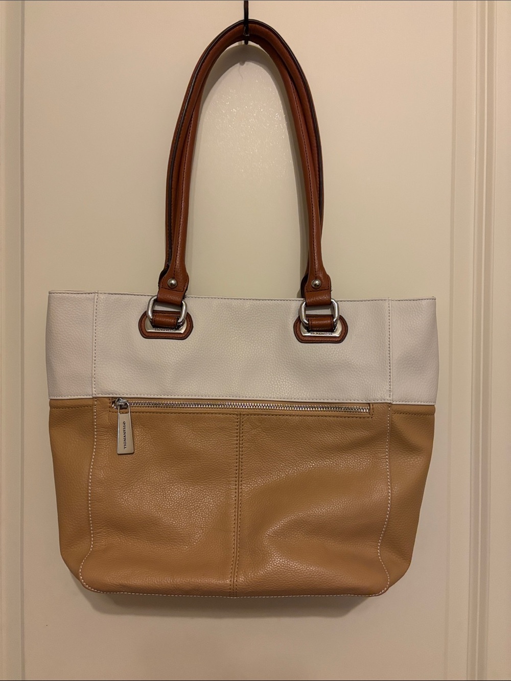 TIGNANELLO Two-Tone White and Tan Leather Tote Bag with Brown Handles